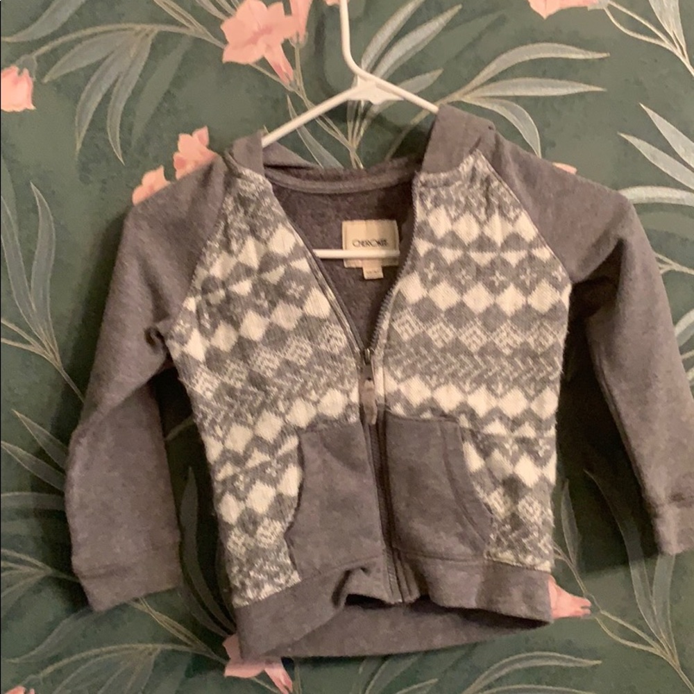 A gray and white fleece sweatsuit by Cherokee.